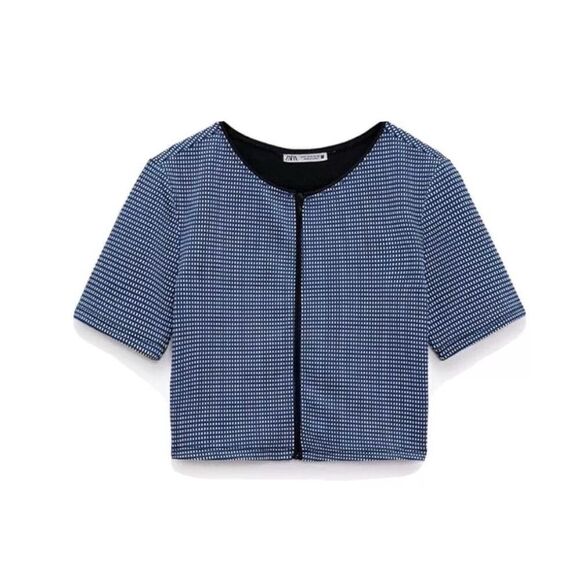 Zara cropped jacquard top medium blue (m1) - Picture 1 of 6